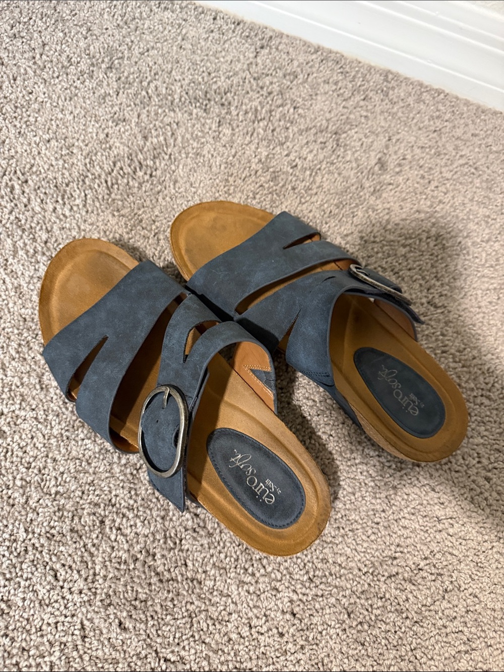 Euro soft Adjustable Blue Slide Sandals with Decorative Buckle